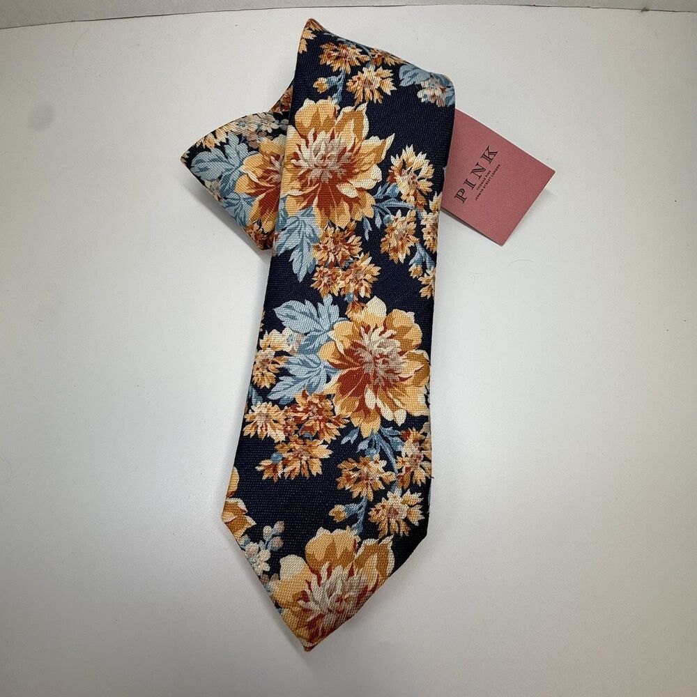 THOMAS PINK Men's Linen Silk Blend Necktie ITALY Designer FLORAL Blue Peach New